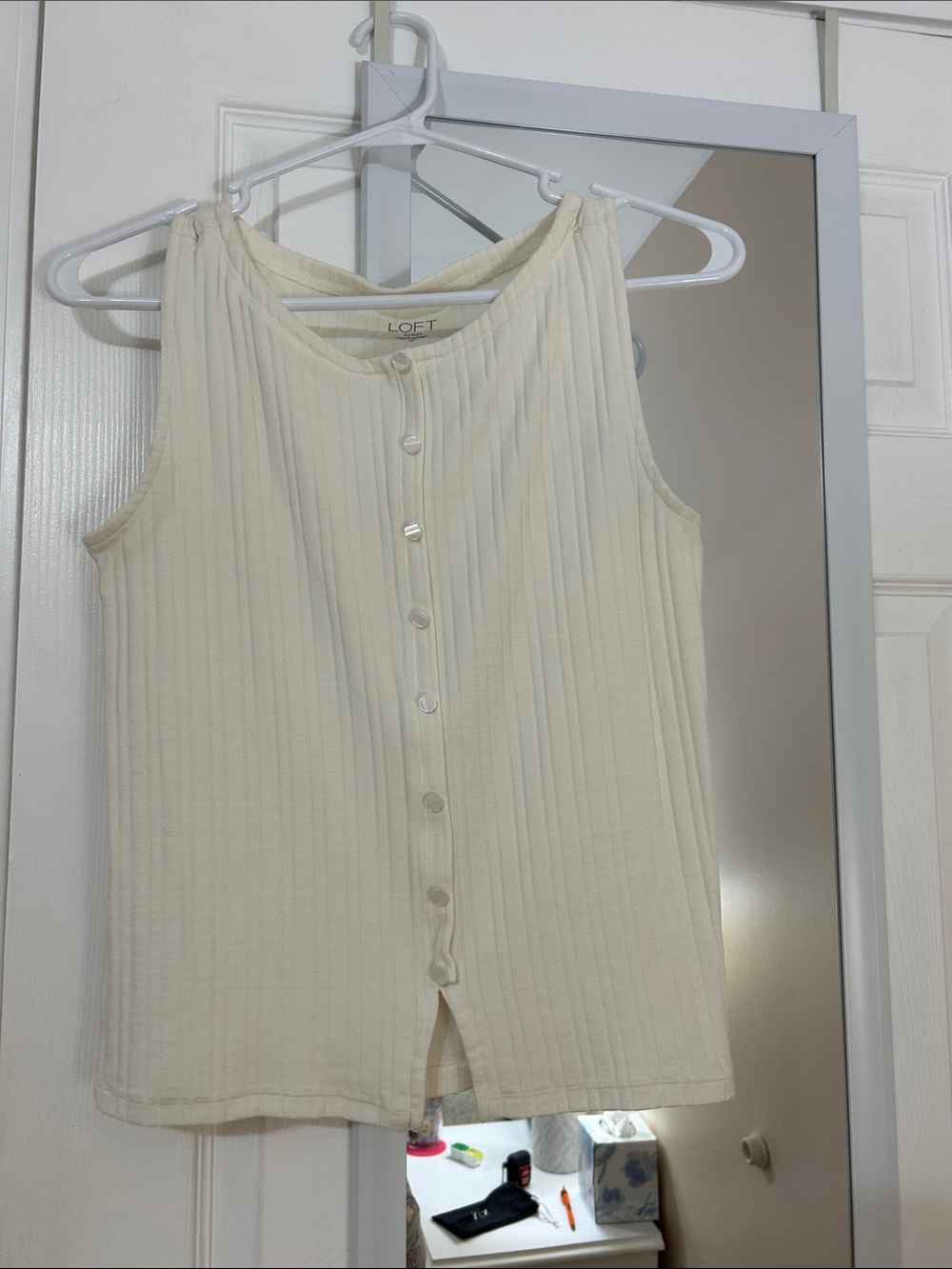 LOFT Cream Ribbed Button-Front Sleeveless Tank